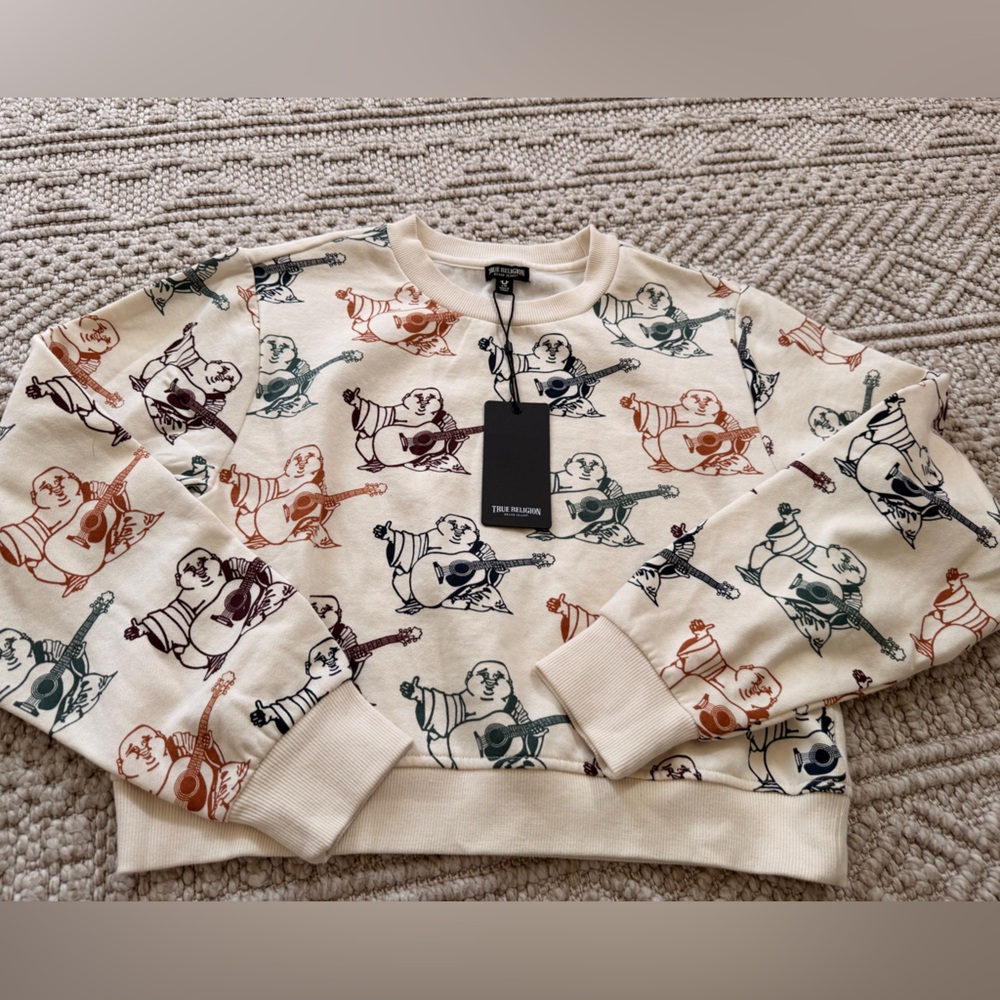 True Religion Cream Crewneck with Multicolor Guitar Bear Motif
